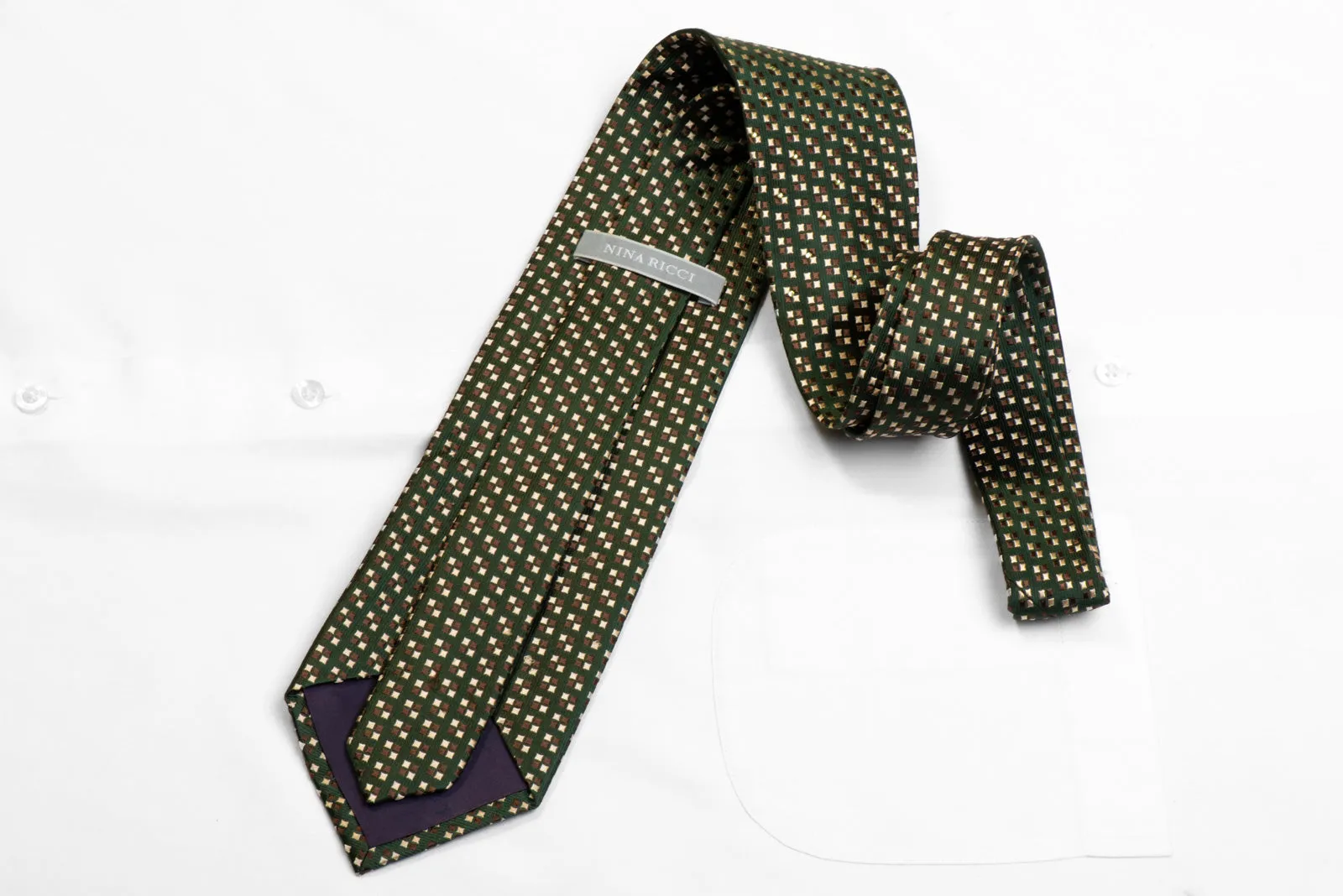 Nina Ricci Rhinestone Silk Tie Beige Brown Squares On Dark Green