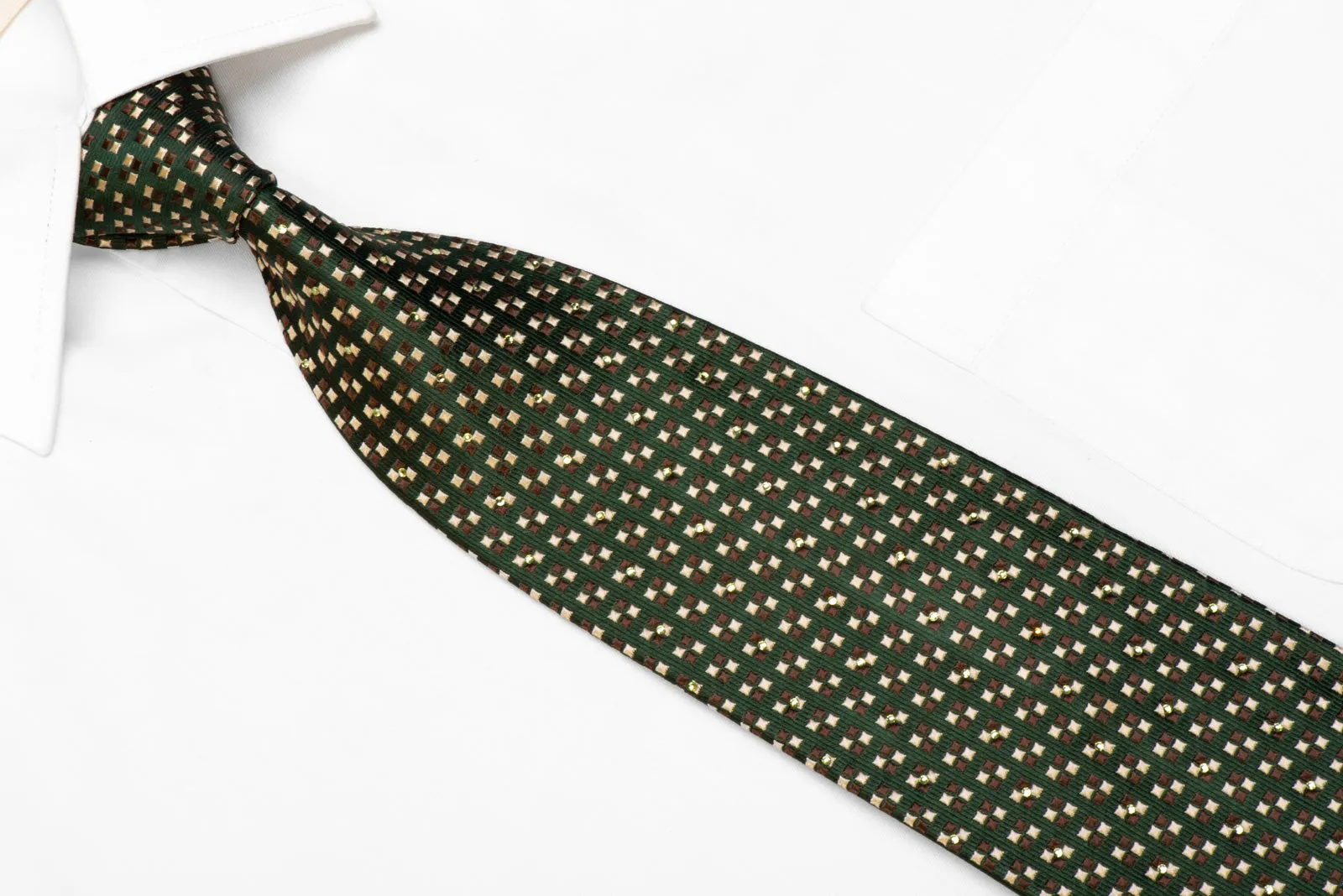 Nina Ricci Rhinestone Silk Tie Beige Brown Squares On Dark Green