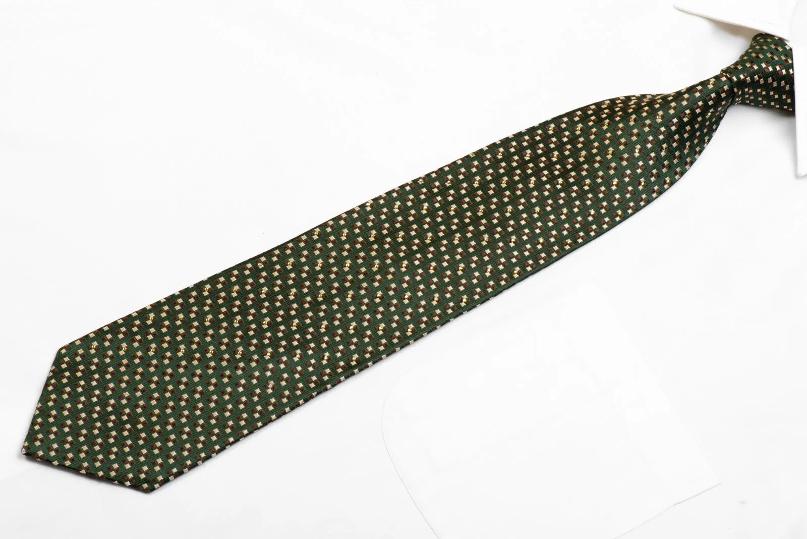 Nina Ricci Rhinestone Silk Tie Beige Brown Squares On Dark Green