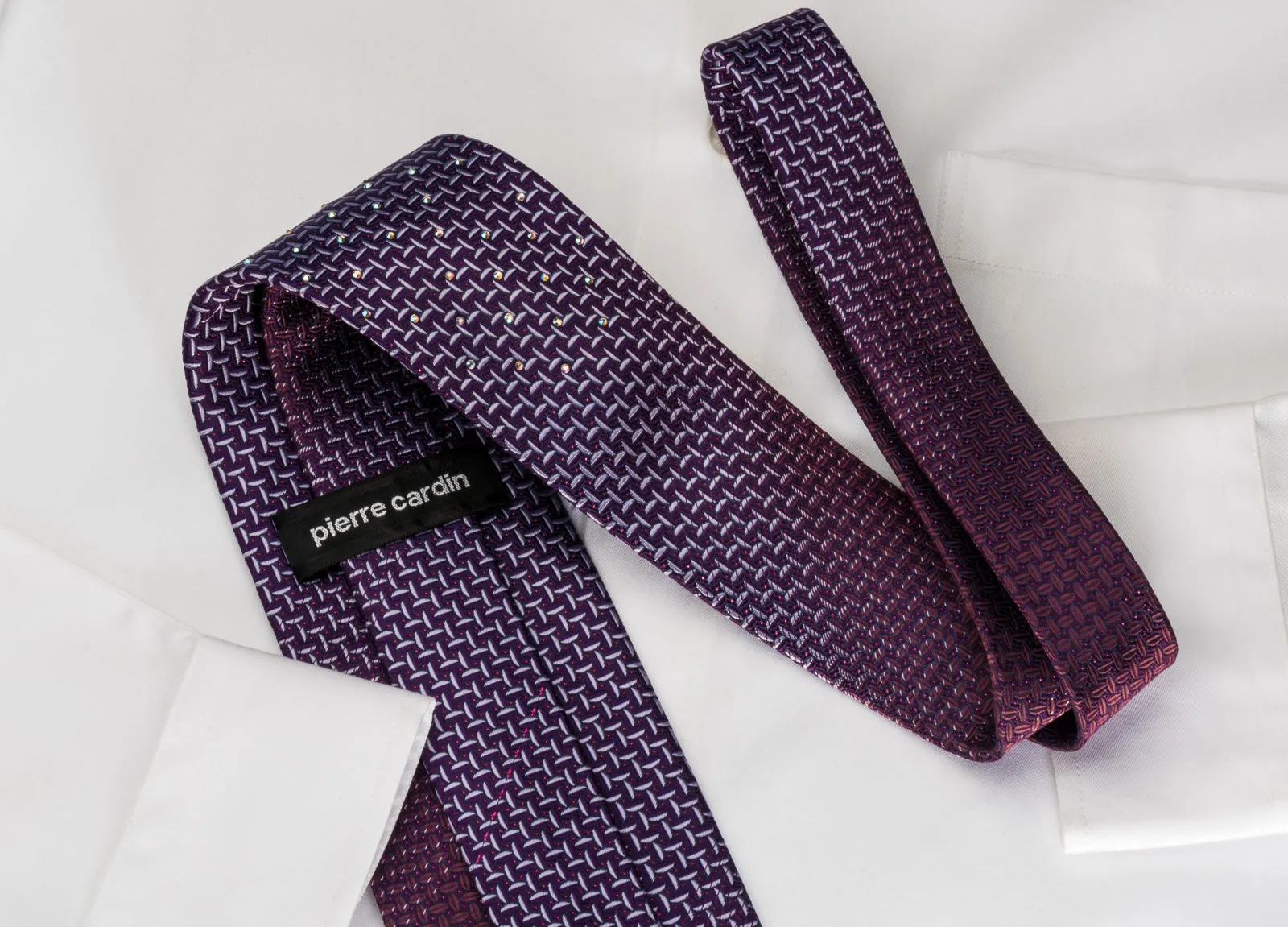 Pierre Cardin Rhinestone Silk Tie Silver Weave On Purple With Red Sparkles