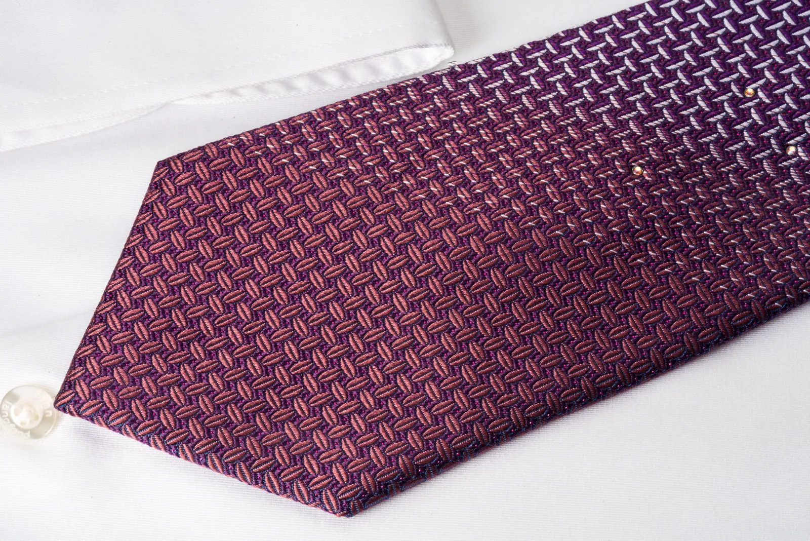 Pierre Cardin Rhinestone Silk Tie Silver Weave On Purple With Red Sparkles