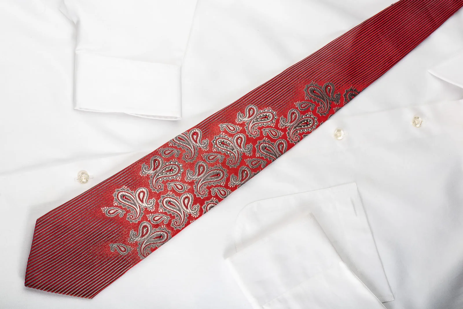 Pierre Cardin Silk Necktie Silver Boteh On Red With Red White Crystal Rhinestones