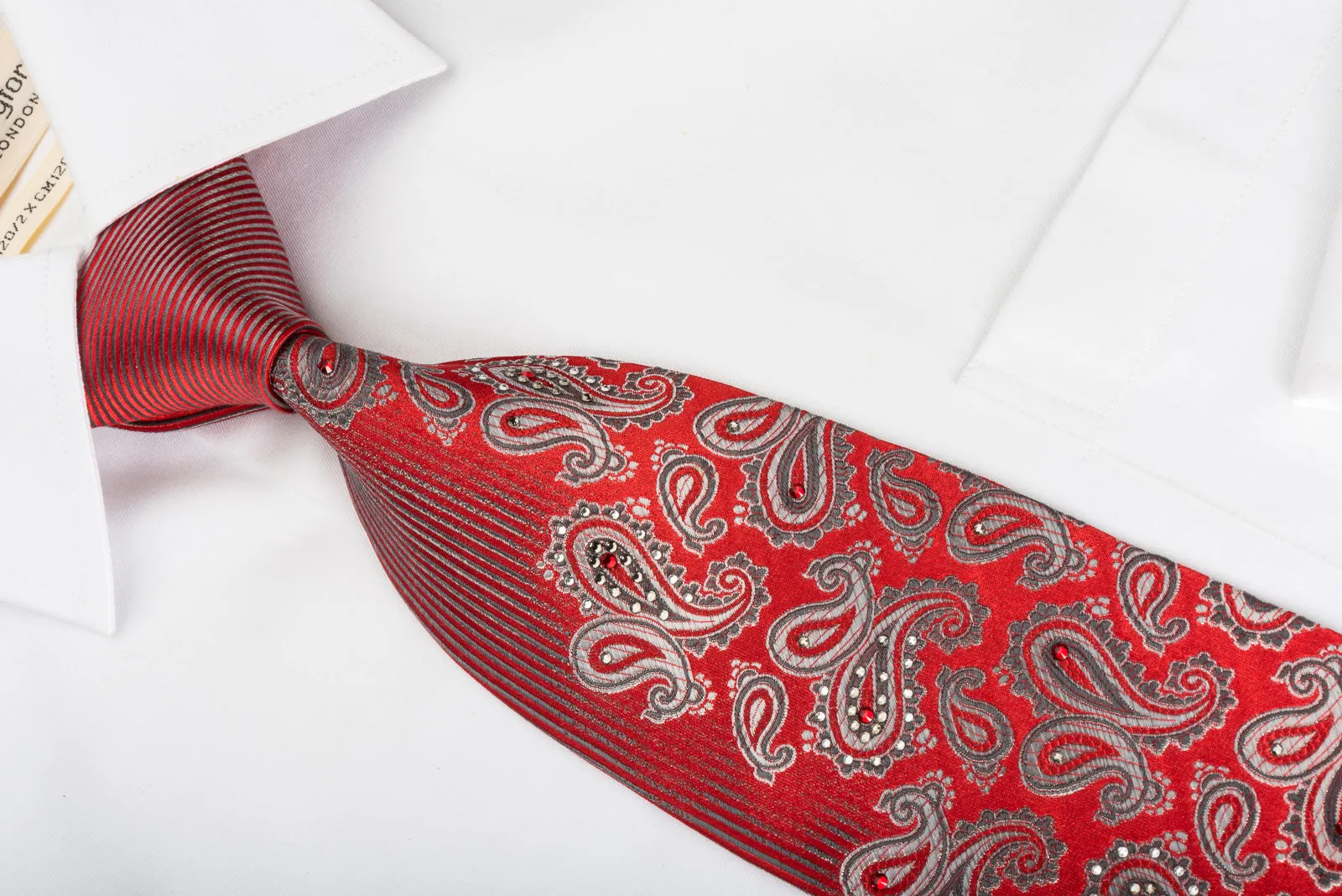 Pierre Cardin Silk Necktie Silver Boteh On Red With Red White Crystal Rhinestones