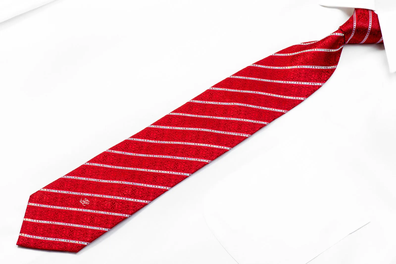 Premierlux Rhinestone Necktie Silver Striped On Red Silk