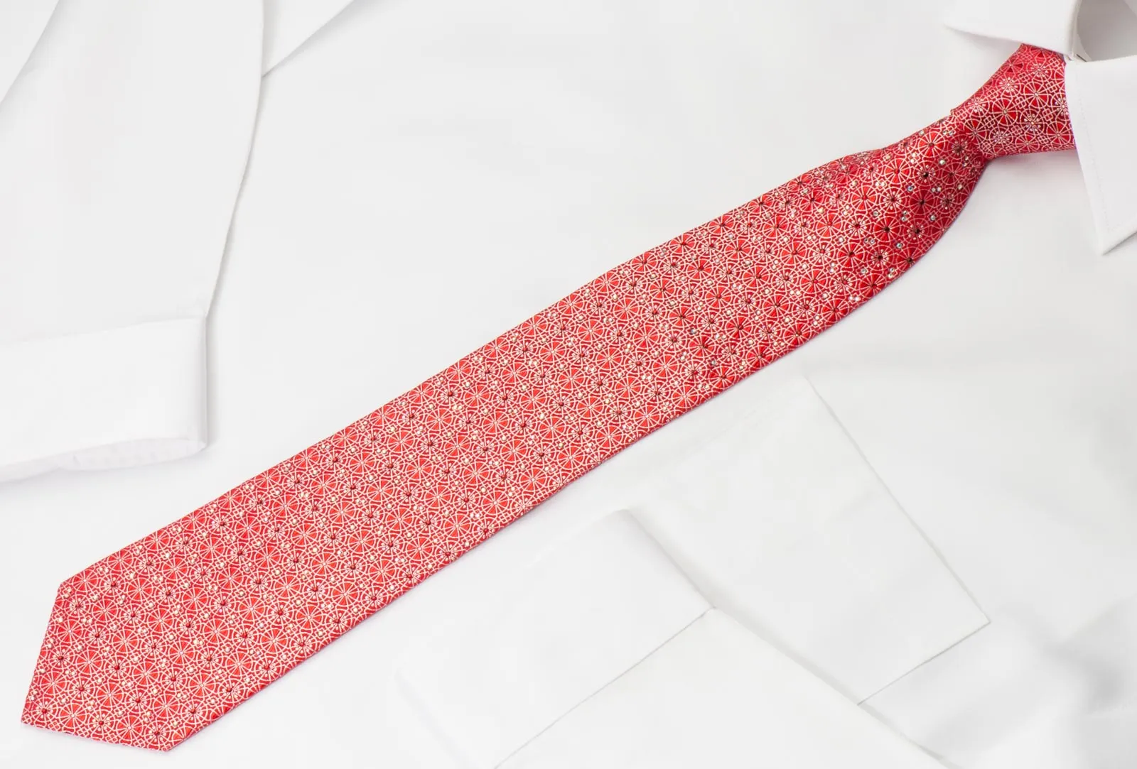 Premierlux Silk Rhinestone Necktie Silver Trellis On Burgundy Red With Silver Sparkles