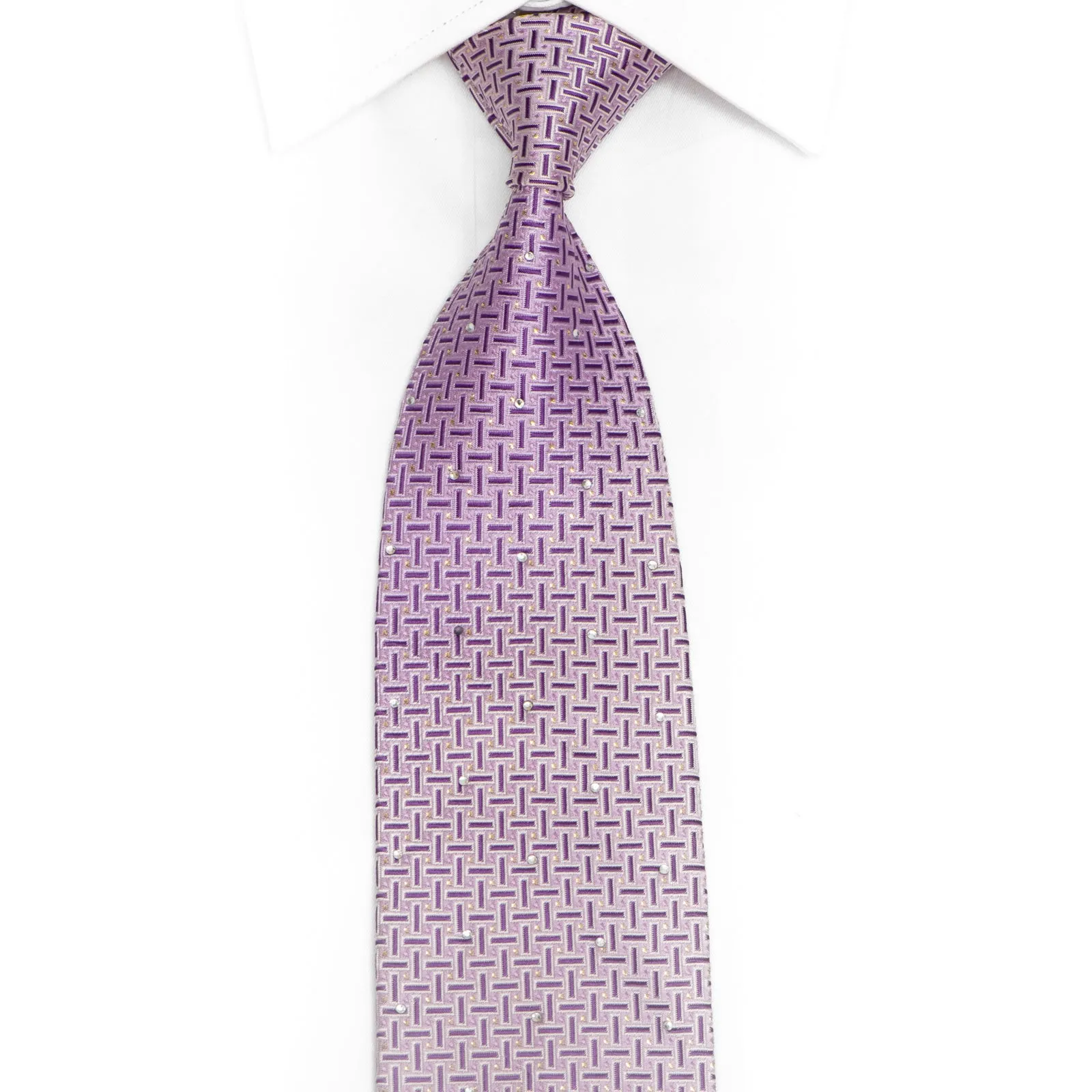 Purple Geometric On Mauve Rhinestone Silk Necktie With Silver Sparkles