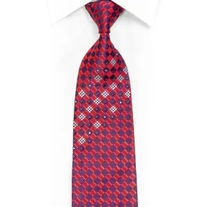 Purple Red Checkered Rhinestone Silk Necktie With Sparkles