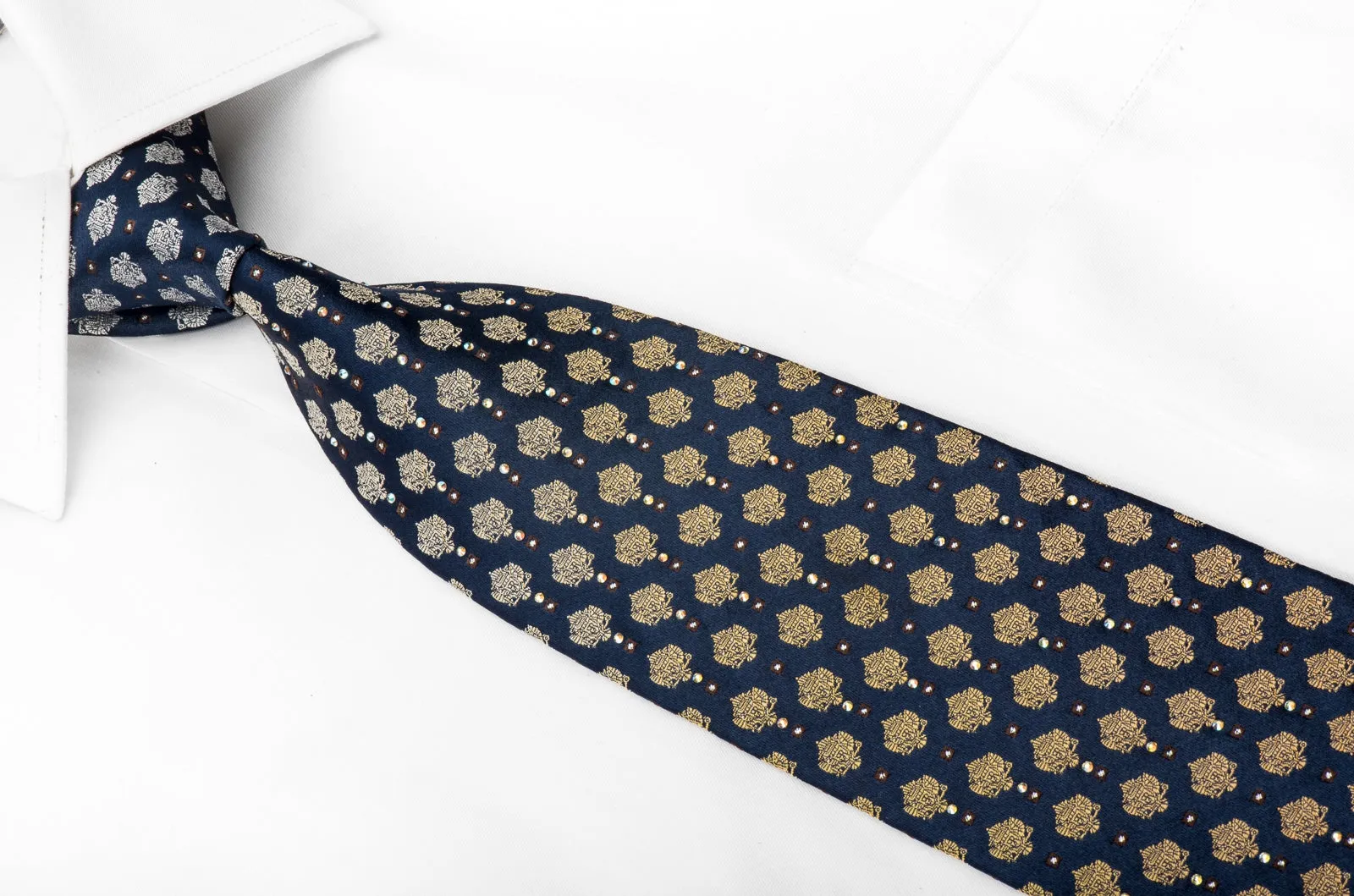 Renoma Mens Crystal Rhinestone Necktie Yellow Cartouche On Navy With Silver Sparkles