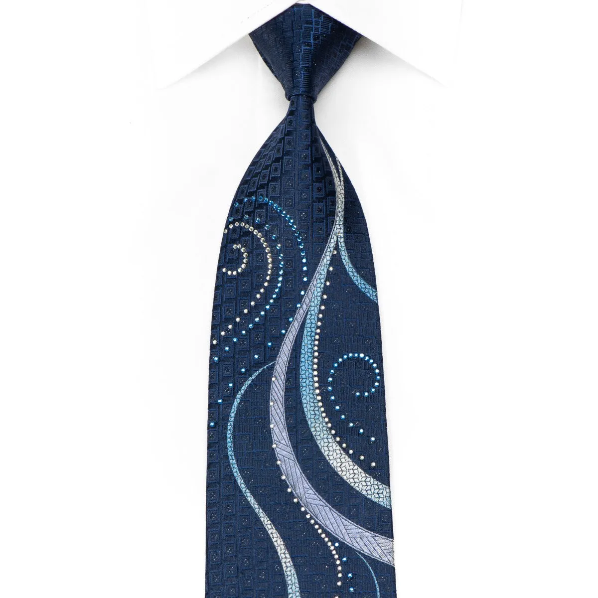 Renoma Men's Crystal Rhinestone Silk Tie Scrolls On Blue With Sparkles