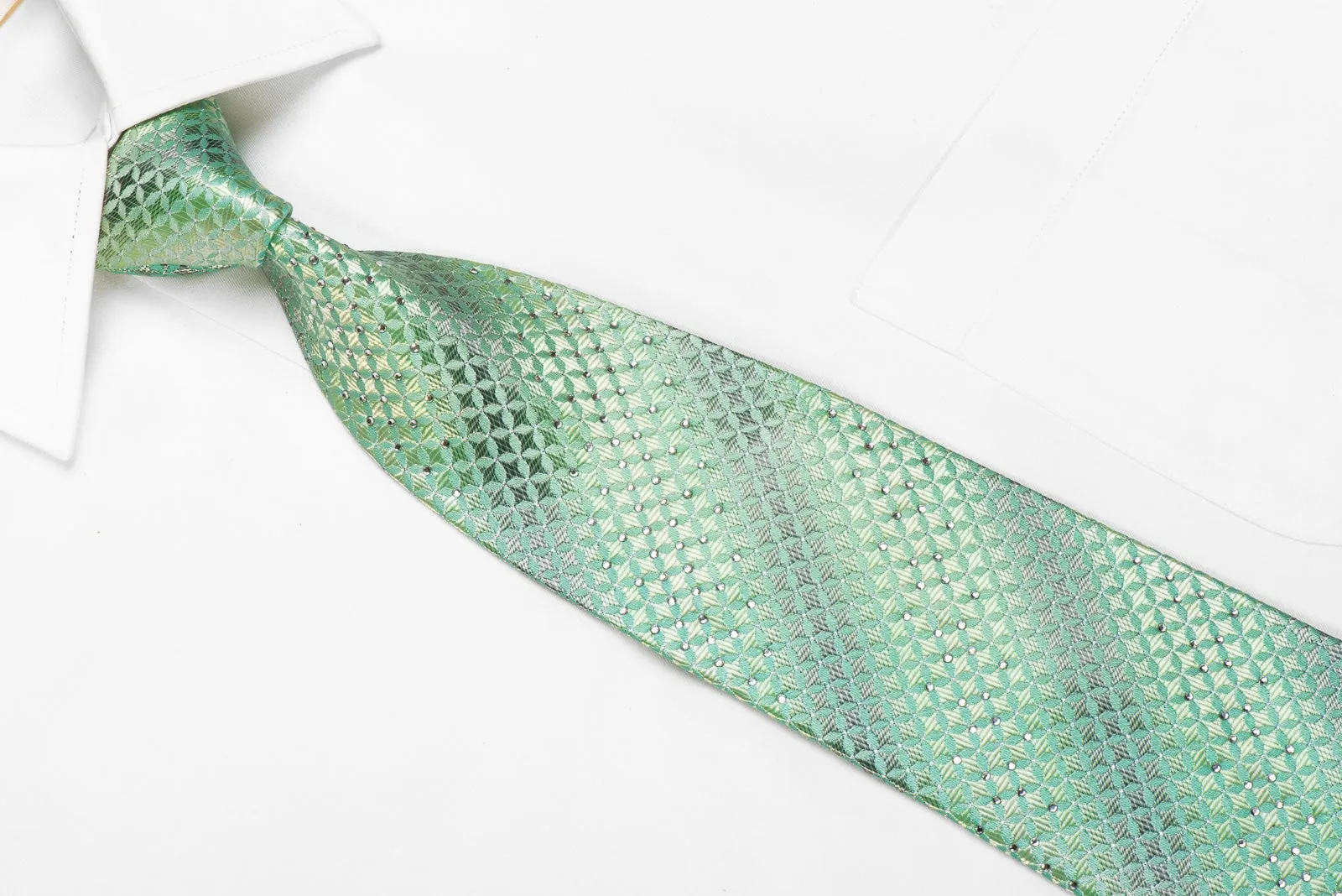 Renoma Men's Crystal Silk Necktie Geometric On Green With Silver Sparkles