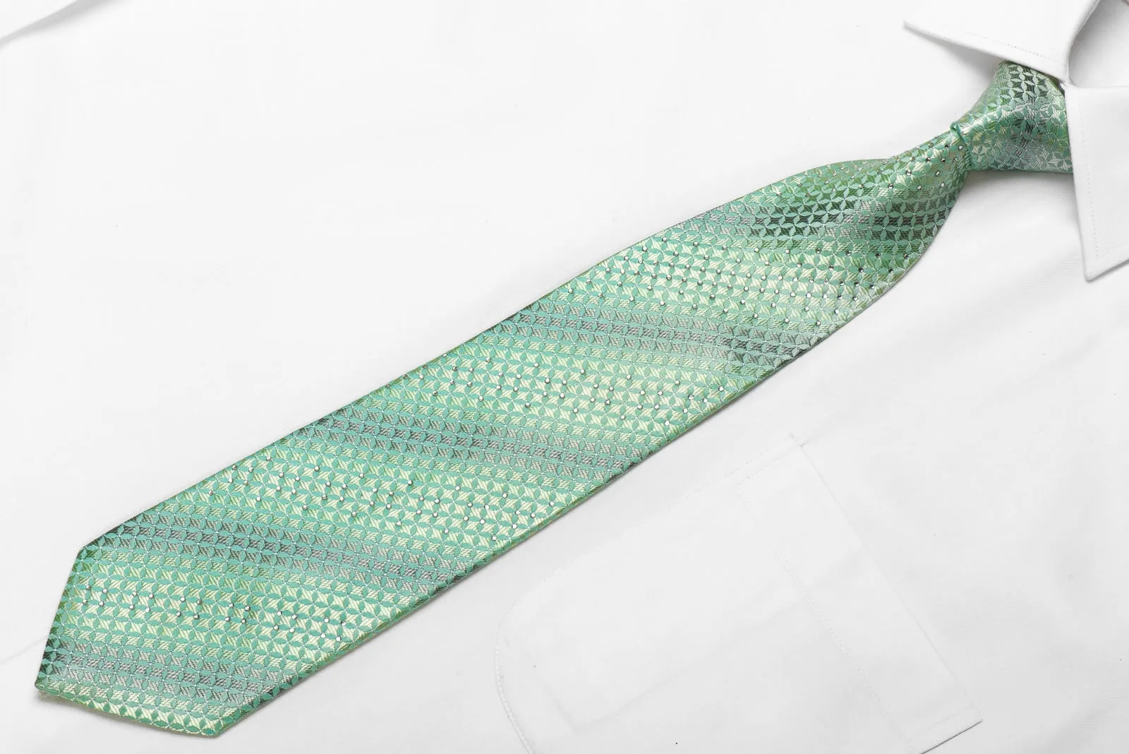 Renoma Men's Crystal Silk Necktie Geometric On Green With Silver Sparkles