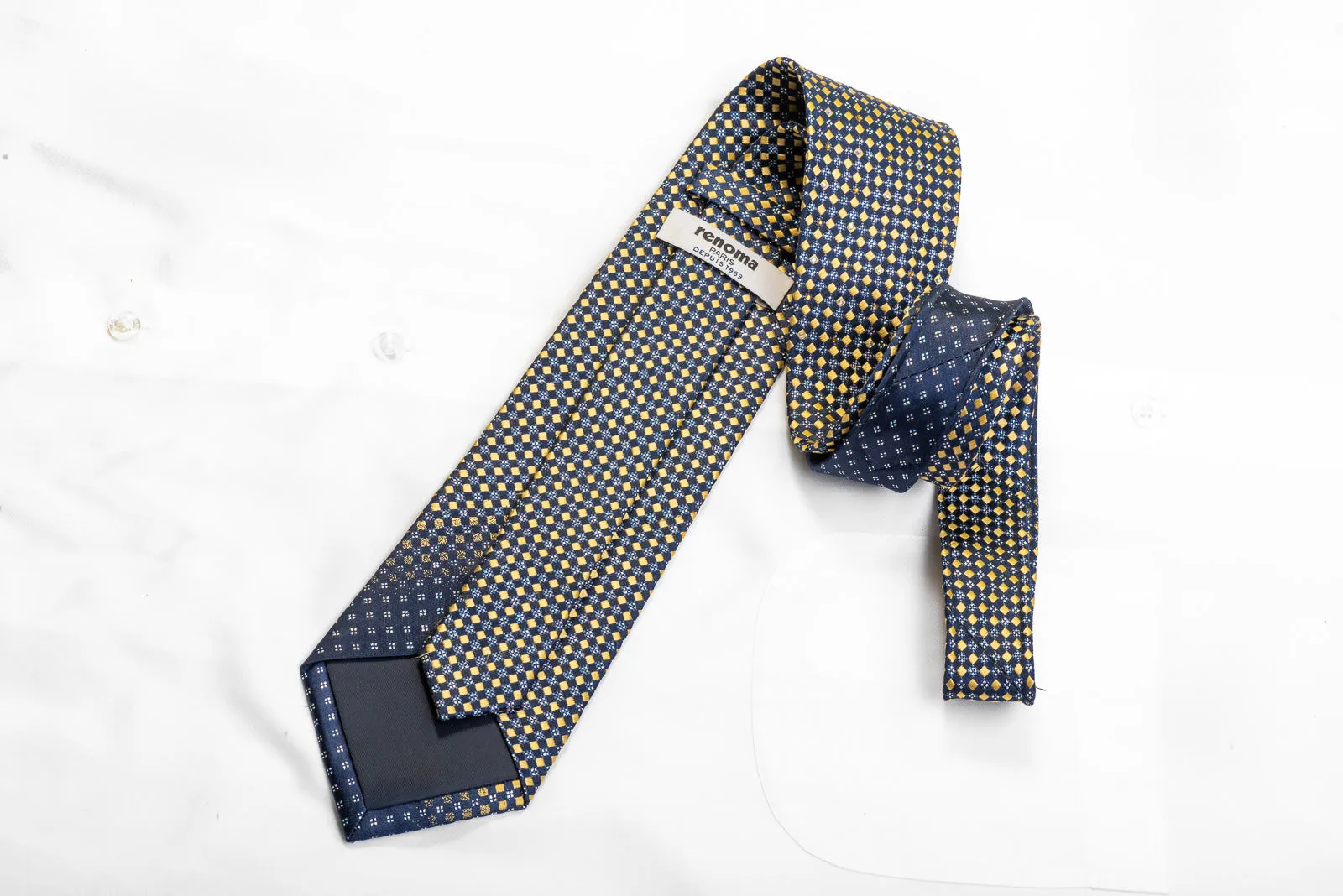 Renoma Men's Rhinestone Necktie Gold Checkered On Navy With Silver Sparkles