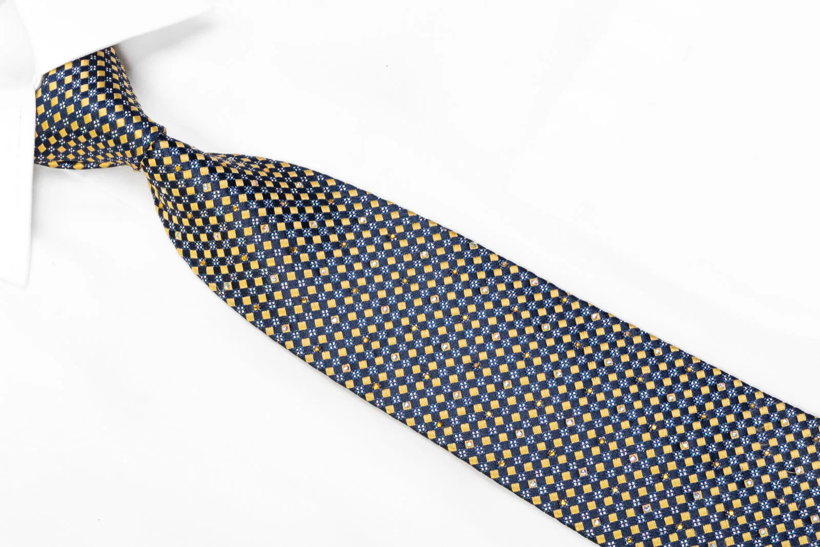 Renoma Men's Rhinestone Necktie Gold Checkered On Navy With Silver Sparkles