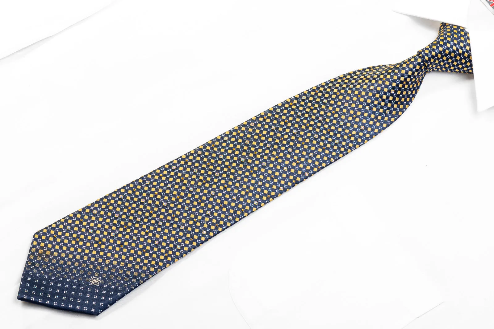 Renoma Men's Rhinestone Necktie Gold Checkered On Navy With Silver Sparkles