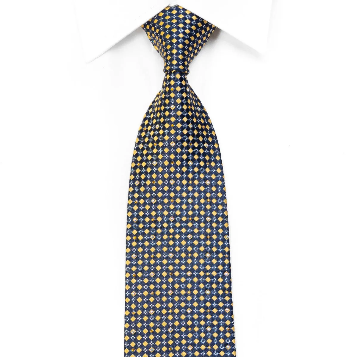 Renoma Men's Rhinestone Necktie Gold Checkered On Navy With Silver Sparkles