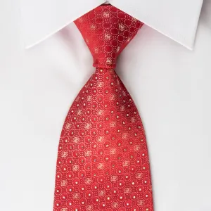 Renoma Mens Silk Necktie Silver Micro Dots On Red Sparkling With Rhinestones