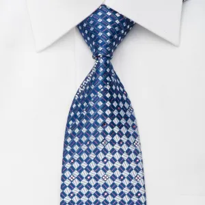 Renoma Rhinestone Silk Necktie Silver Checkered On Blue With Sparkles