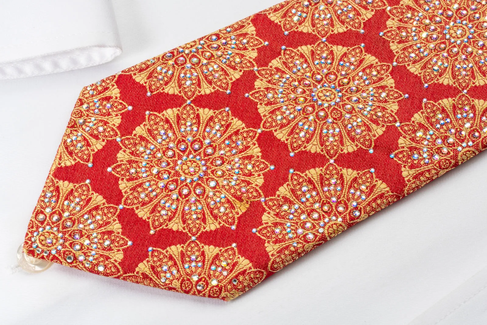 Renoma Silk Rhinestone Tie Golden Medallions On Red With Micro Silver Sparkles