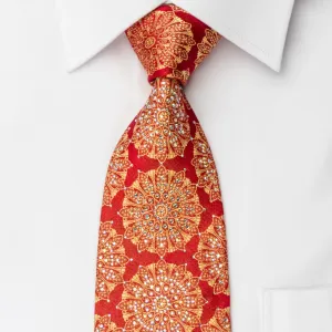 Renoma Silk Rhinestone Tie Golden Medallions On Red With Micro Silver Sparkles