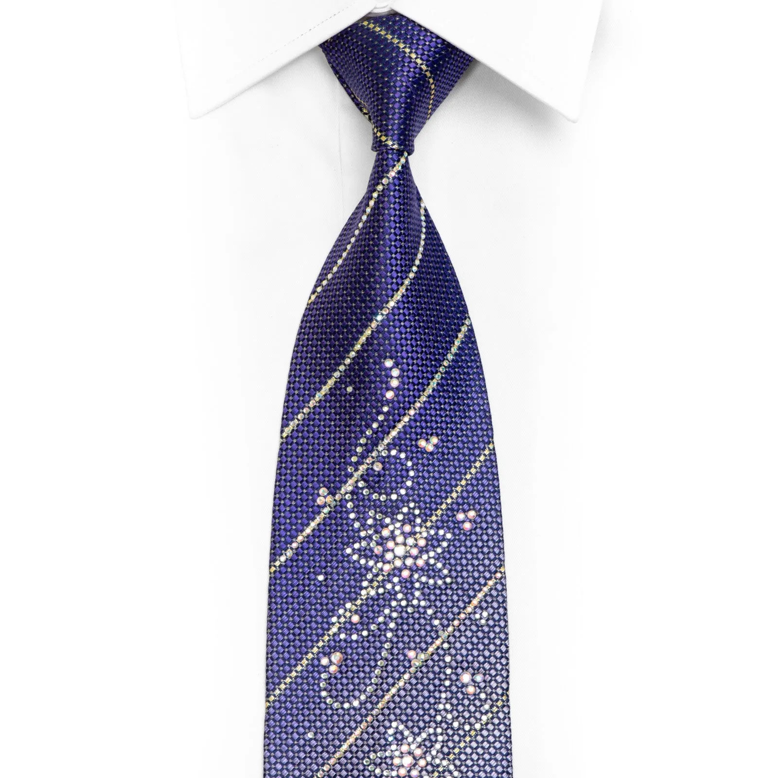 Rhinestone Striped Floral On Mauve Blue Silk Tie With Silver Sparkles