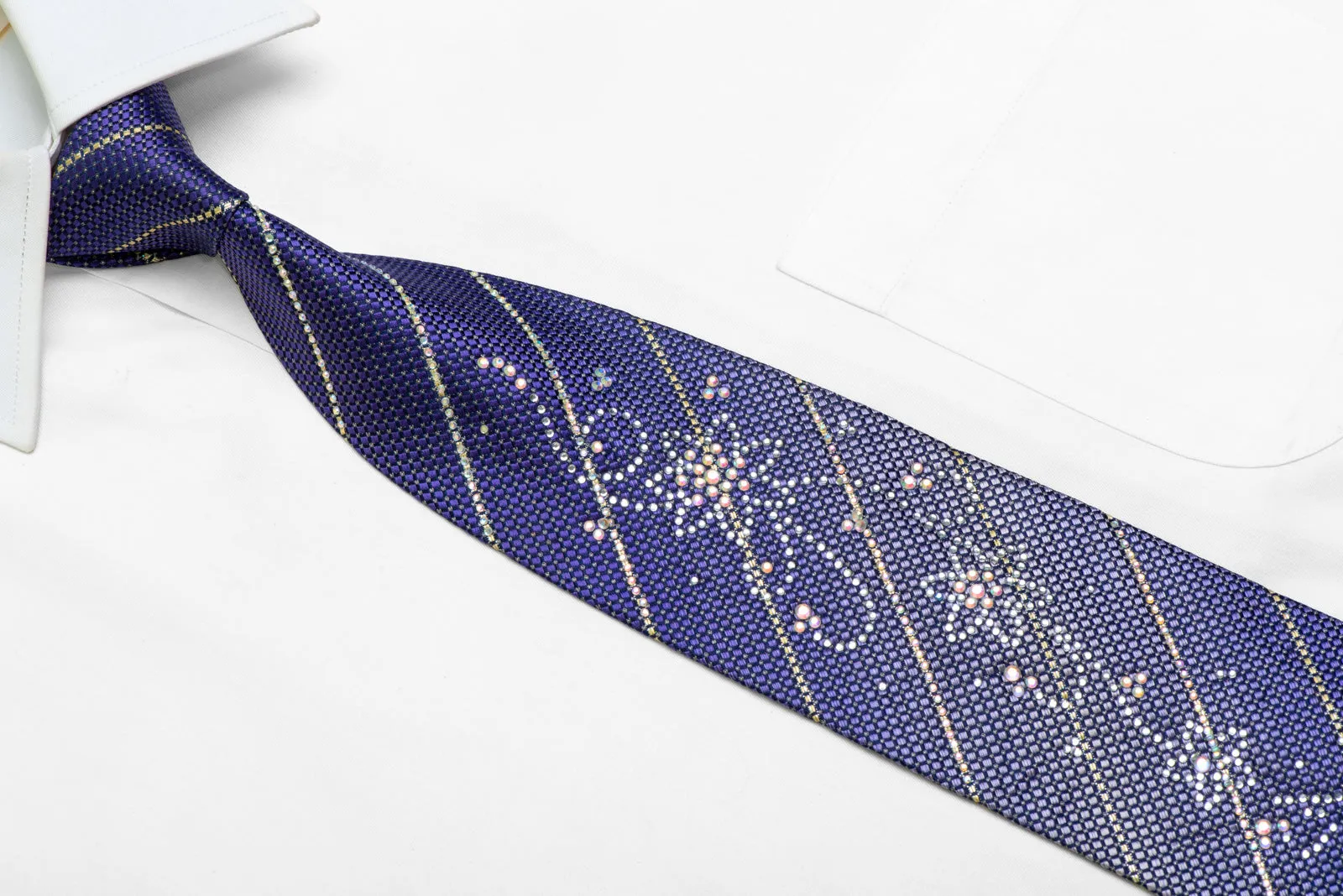 Rhinestone Striped Floral On Mauve Blue Silk Tie With Silver Sparkles