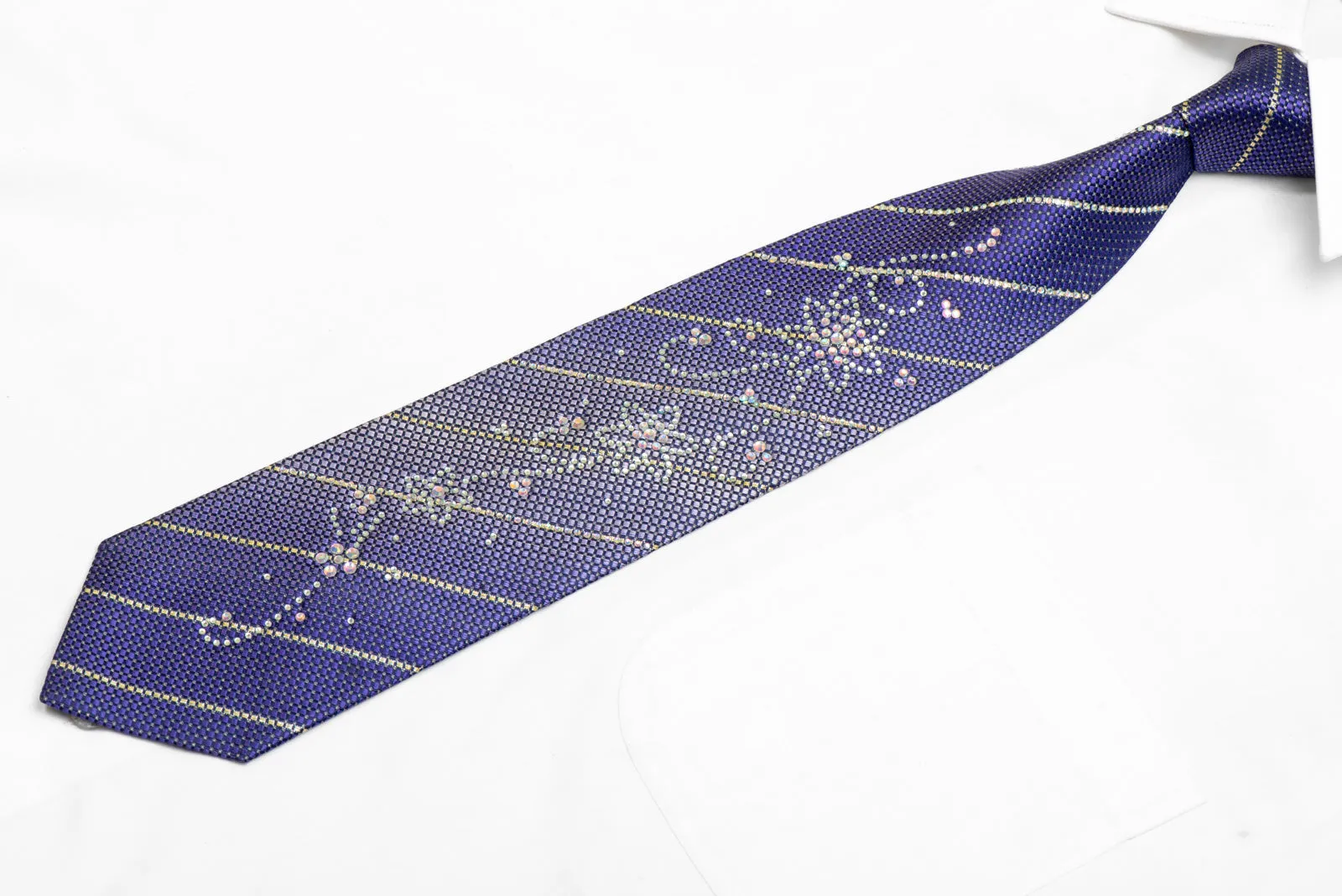 Rhinestone Striped Floral On Mauve Blue Silk Tie With Silver Sparkles