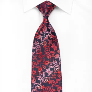 Rogers Dail Men's Crystal Silk Necktie Red Acanthus On Navy Sparkling With Rhinestones