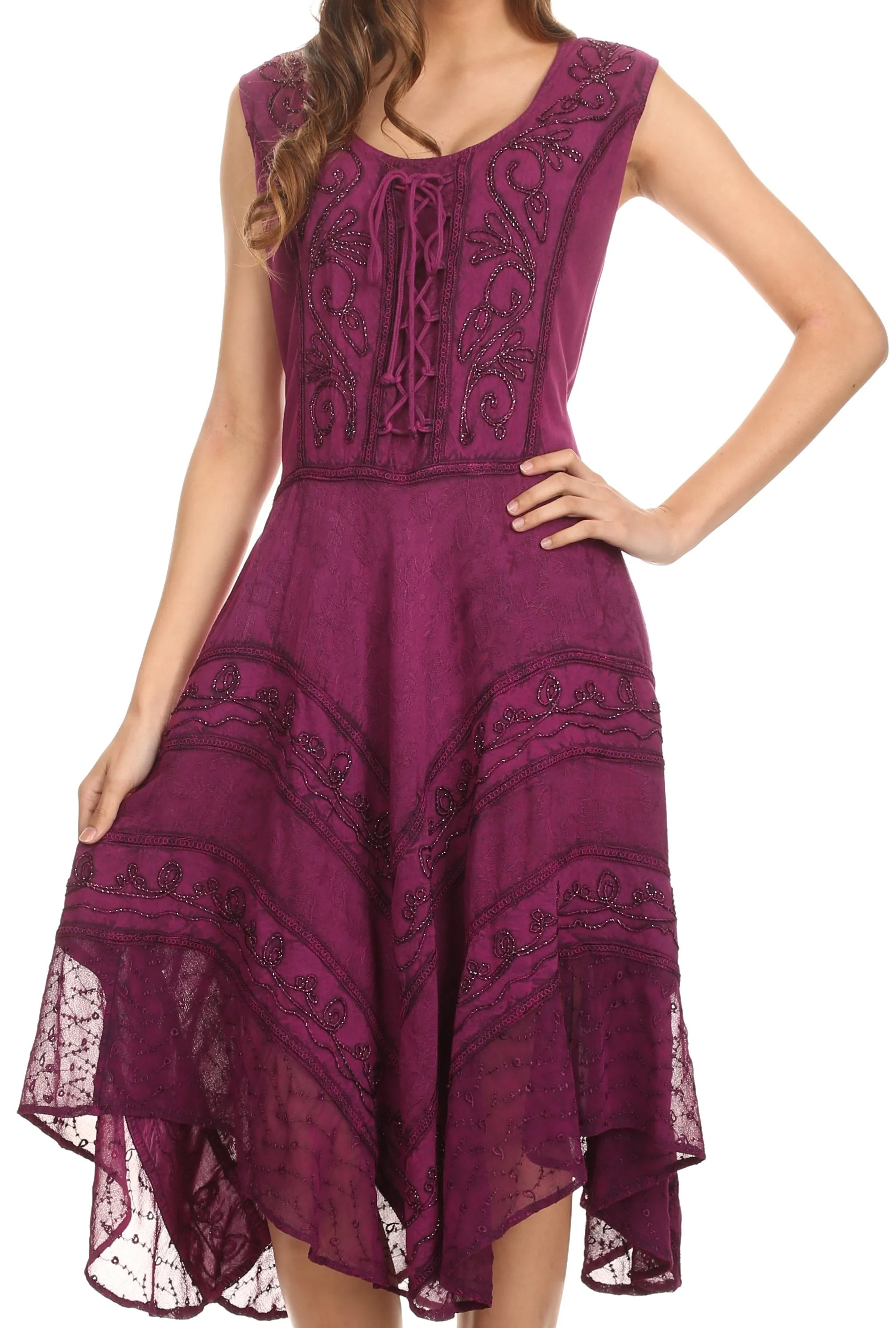 Sakkas Sundara Stonewashed Rayon Embroidered Mid Length Dress