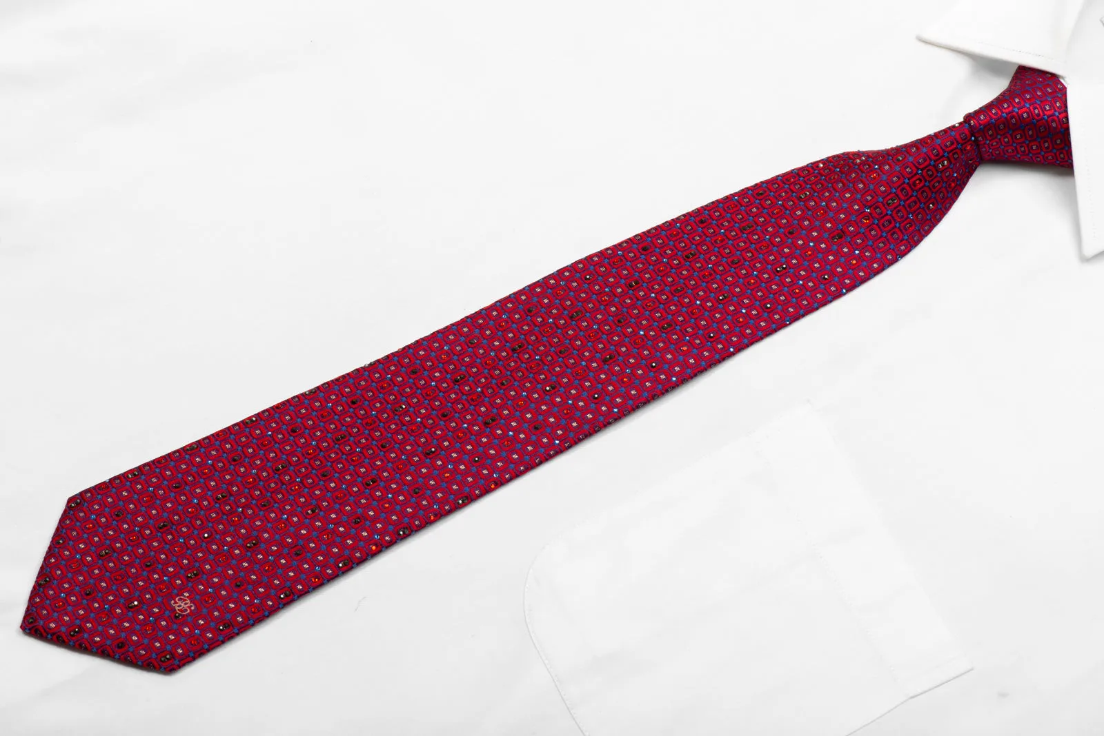 Silk Necktie red Geometric On Purple With Rhinestones