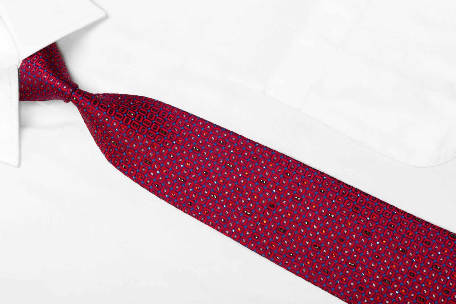 Silk Necktie red Geometric On Purple With Rhinestones