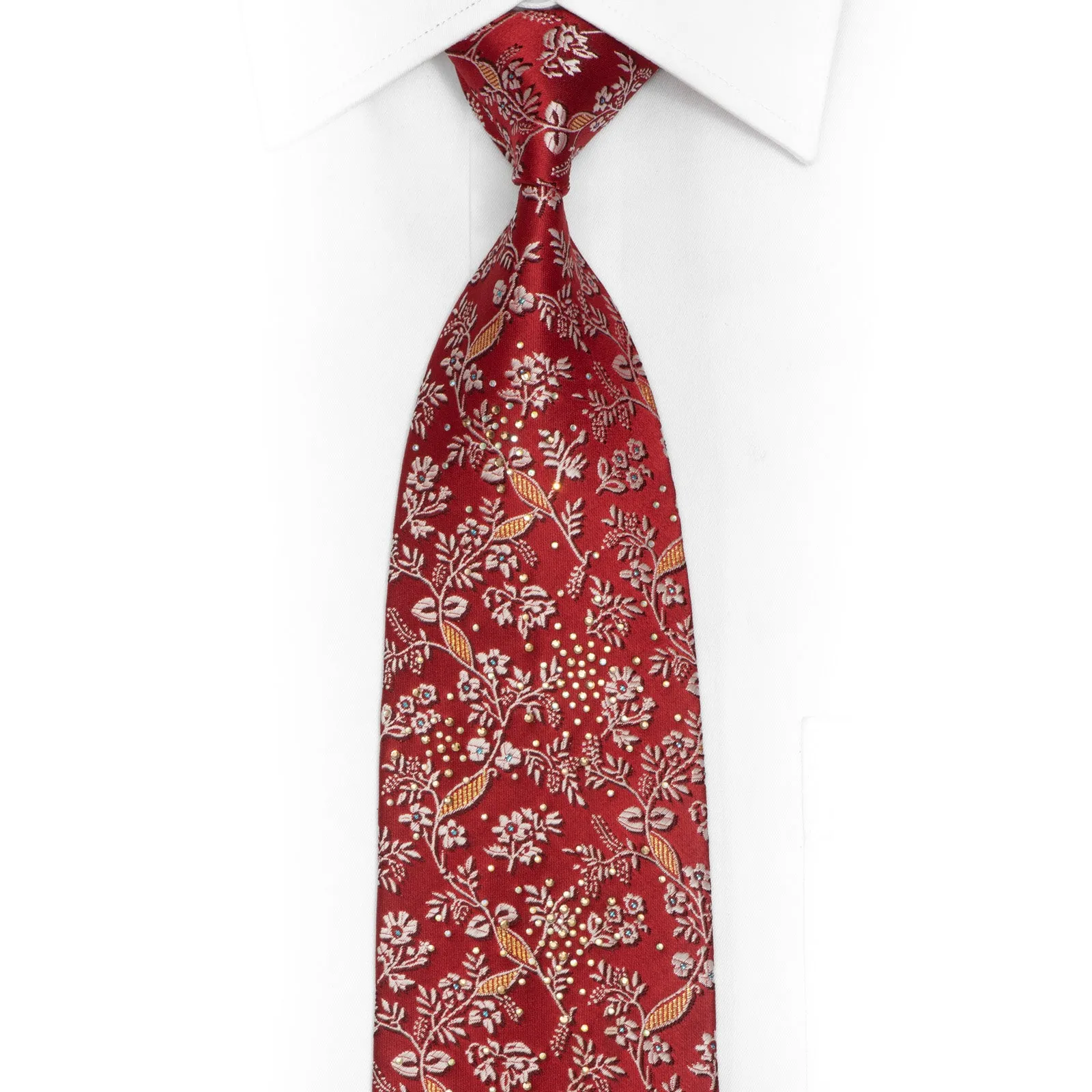 Silver Floral On Red Rhinestone Silk Tie With Gold Blue Silver Sparkles