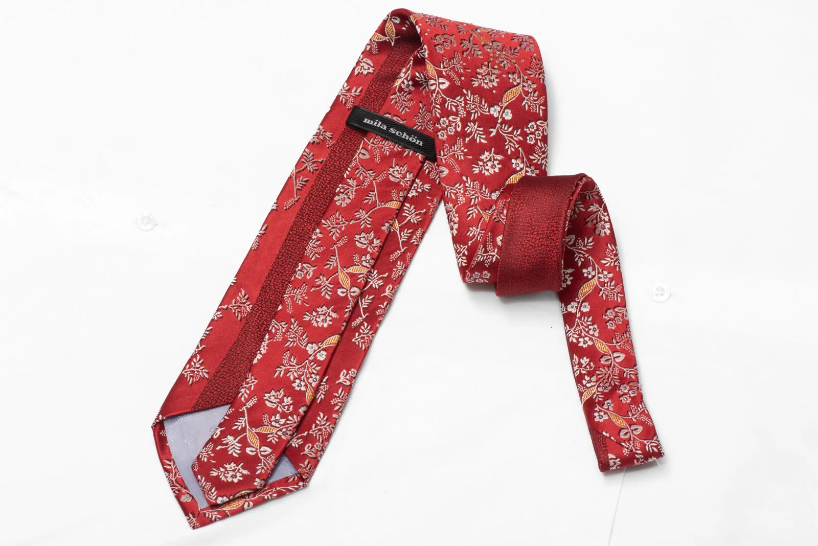 Silver Floral On Red Rhinestone Silk Tie With Gold Blue Silver Sparkles