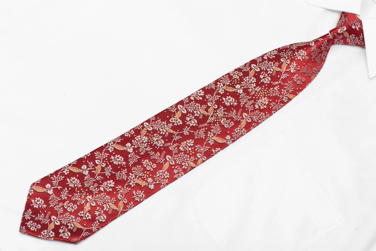 Silver Floral On Red Rhinestone Silk Tie With Gold Blue Silver Sparkles