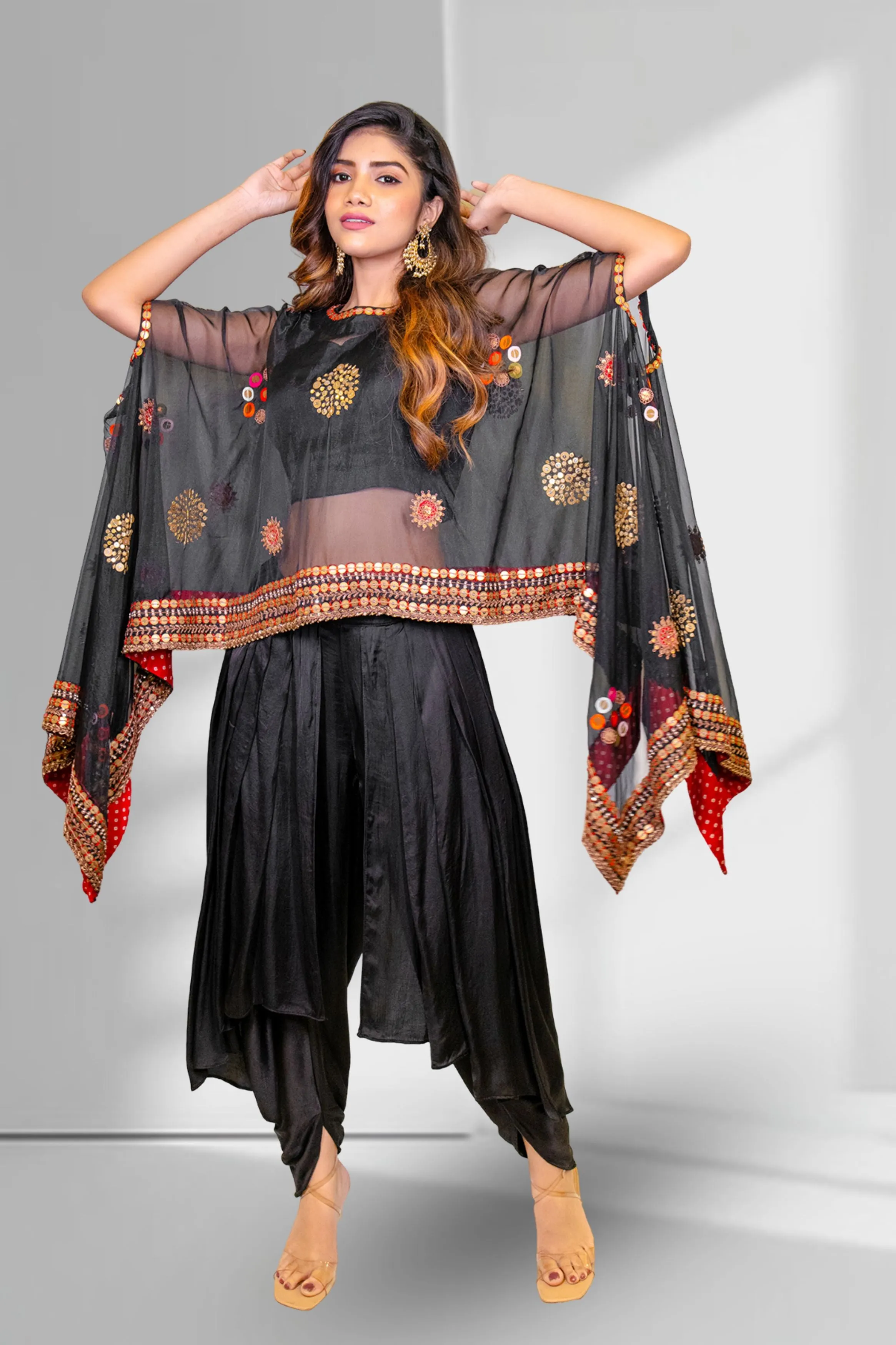 Smoky Black Embellished Organza Silk Kaftan Set