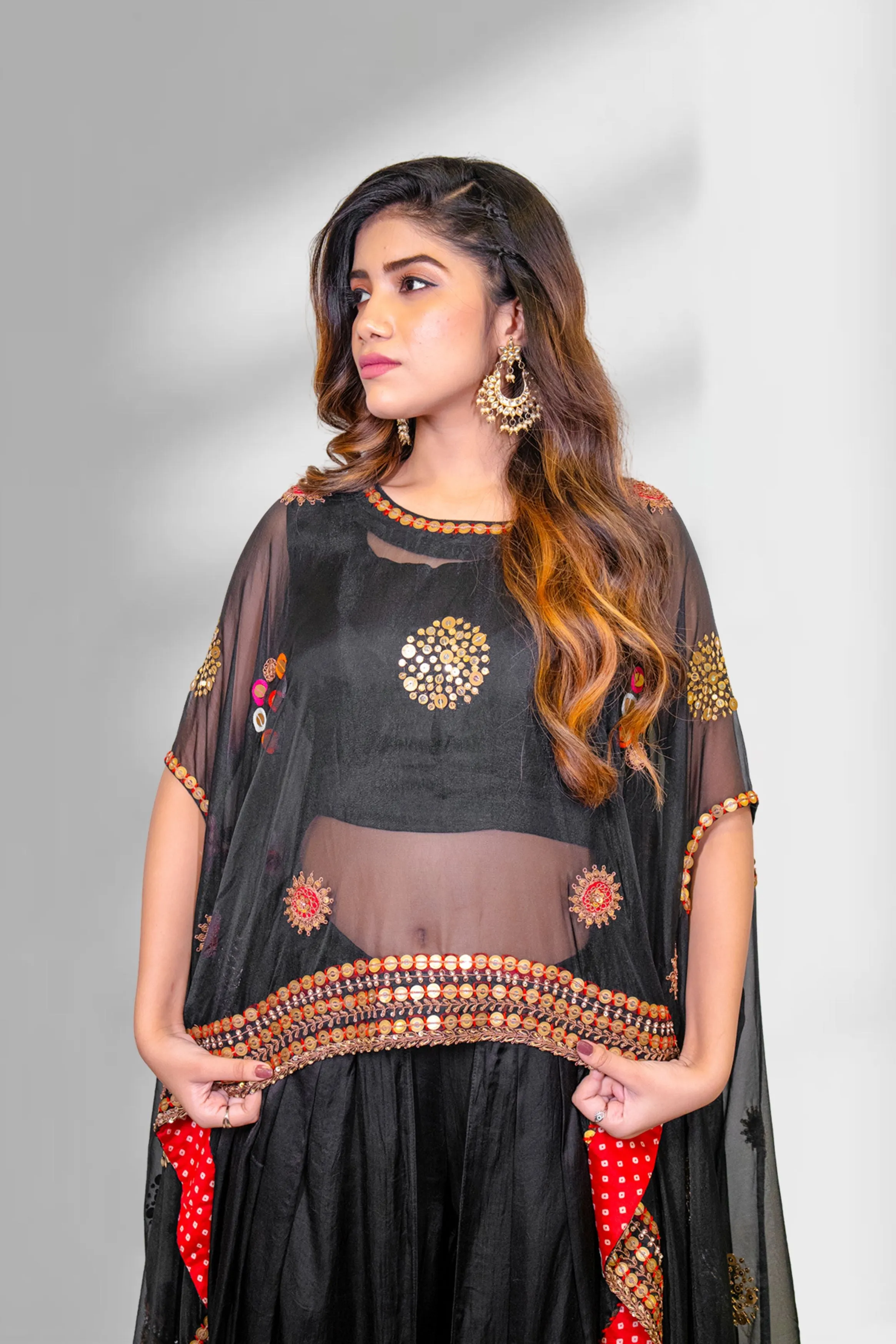 Smoky Black Embellished Organza Silk Kaftan Set