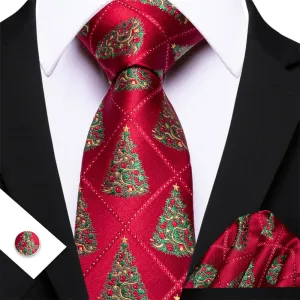 Ties2you Red Plaid Christmas Tree Men's Tie Pocket Square Cufflinks Set