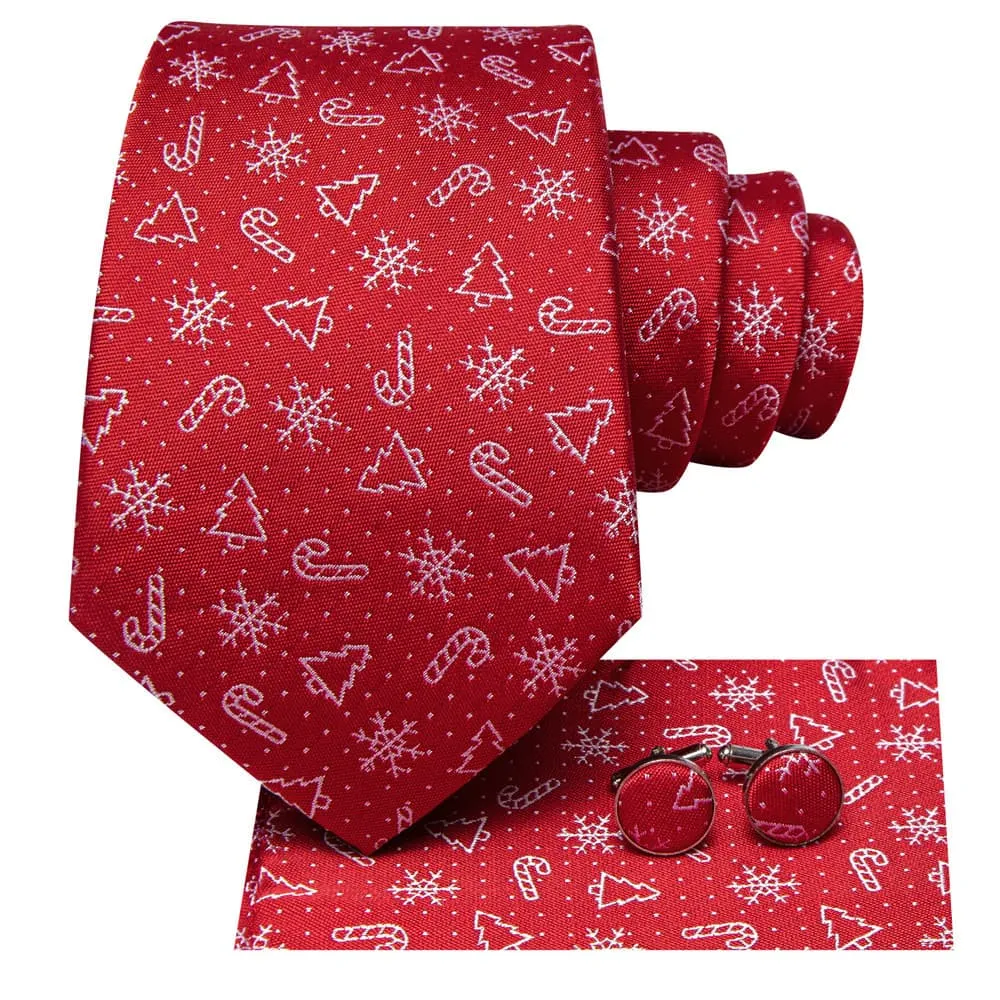 Ties2you Red White Christmas Snowflake Tree Candy Cane Necktie Square Cufflinks Set