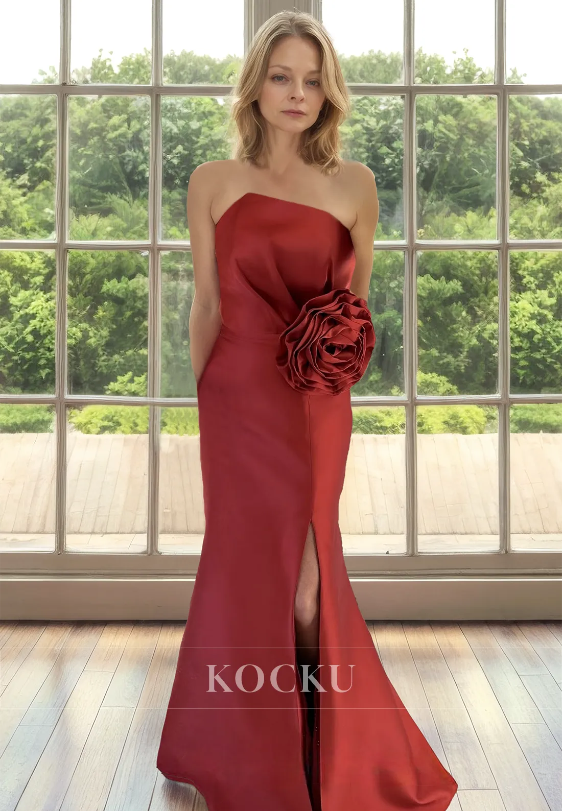 Tube Top Mermaid Sleeveless Floor-Length Satin Cocktail Dress with Floral Embossed Mother of Groom