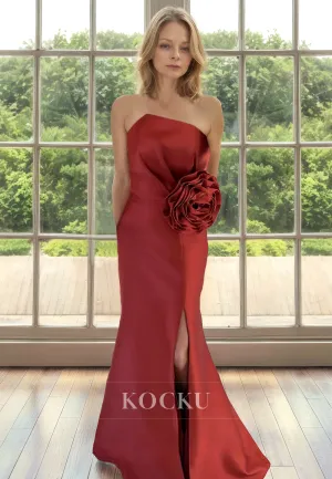 Tube Top Mermaid Sleeveless Floor-Length Satin Cocktail Dress with Floral Embossed Mother of Groom