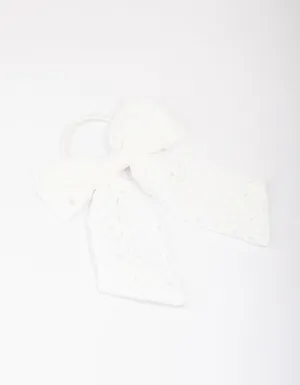 White Embroidered Bow Hair Scrunchie