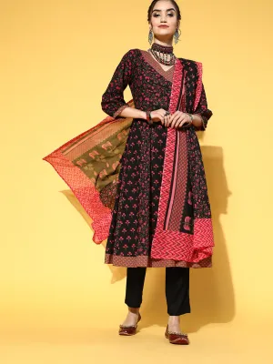 Women Black & Pink Floral Printed Angrakha Pure Cotton Kurta With Palazzos & Dupatta