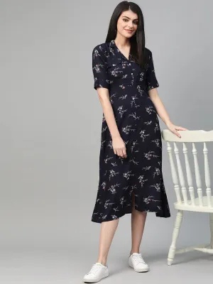 Women Navy Blue & Rust Floral Printed A-Line Dress