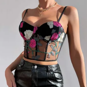 Women's Retro Net Yarn Flowers Embroidered Corset Strap Top